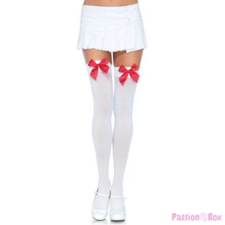 LEG AVENUE - NYLON THIGH HIGHS WITH BOW WHITE / RED