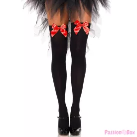 LEG AVENUE - BLACK NYLON THIGH HIGHS WITH RED BOW ONE SIZE