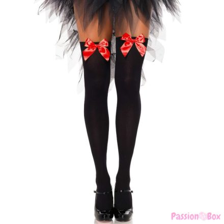 LEG AVENUE - BLACK NYLON THIGH HIGHS WITH RED BOW ONE SIZE