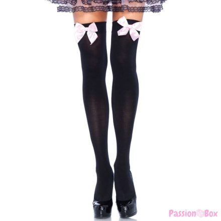 LEG AVENUE - BLACK NYLON THIGH HIGHS WITH PINK BOW ONE SIZE