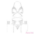 LEG AVENUE - FOUR PIECES SET BRA, G-STRING, GARTER BELT & WRIST CUFFS ONE SIZE - WHITE