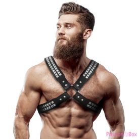   FETISH SUBMISSIVE ATTITUDE - MENS CROSSED CHEST ECO-LEATHER HARNESS WITH RIVETS