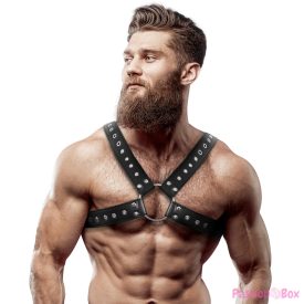   FETISH SUBMISSIVE ATTITUDE - MENS CROSS-OVER ECO-LEATHER CHEST HARNESS WITH STUDS