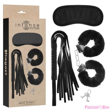 INTENSE - FETISH EROTIC PLAYSET 1 WITH HANDCUFFS, BLIND MASK AND FLOGGER