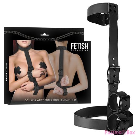 FETISH SUBMISSIVE BONDAGE - COLLAR & WRIST CUFFS BODY RESTRAINT SET
