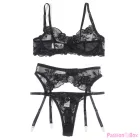 SUBBLIME - SET OF 3 PIECES BRA + THONG + GARTER FLORAL PRINT BLACK L/XL