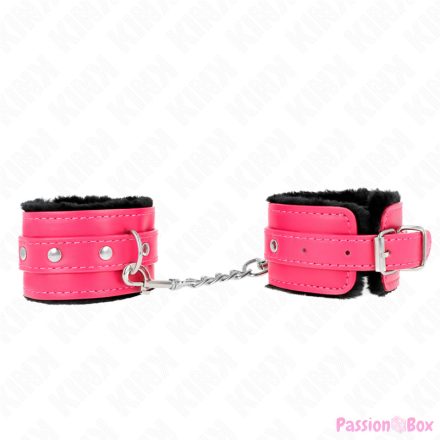 KINK - PREMIUM FUR LINED WRIST RESTRAINTS BLACK WITH RASPBERRY ROSE BELT ADJUSTABLE 17-29 CM X 6 CM