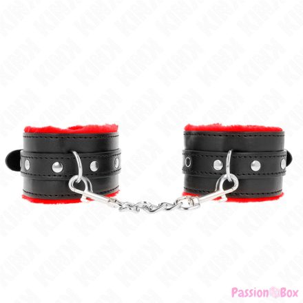 KINK - PREMIUM FUR LINED WRIST RESTRAINTS RED WITH BLACK BELT ADJUSTABLE 17-29 CM X 6 CM