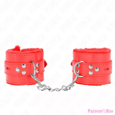 KINK - FUR LINED WRIST RESTRAINTS WITH SQUARE HOLES RED AND RED BELT ADJUSTABLE 17-29 CM X 6 CM