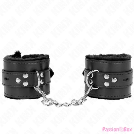 KINK - FUR LINED WRIST RESTRAINTS WITH SQUARE HOLES BLACK AND BLACK BELT ADJUSTABLE 17-29 CM X 6 CM