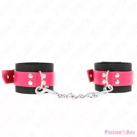 KINK - NYLON WRIST RESTRAINTS BLACK WITH LEATHERETTE BELT RASPBERRY ROSE ADJUSTABLE 19-29 CM X 5.1 CM