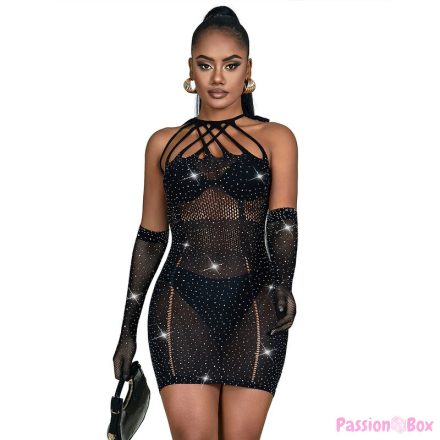 SUBBLIME - 952235 FISHNET DRESS WITH RHINESTONES  BLACK ONE SIZE