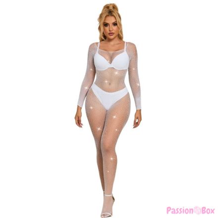 SUBBLIME - 952396 FISHNET BODYSTOCKING WITH DIAMONDS LONG SLEEVE WHITE ONE SIZE