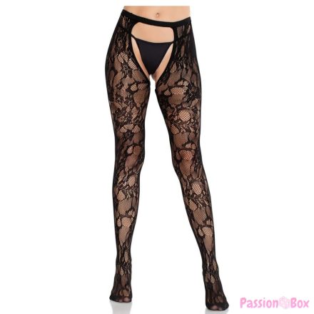 LEG AVENUE - ROSE LACE STOCKINGS WITH OPEN BACK BLACK