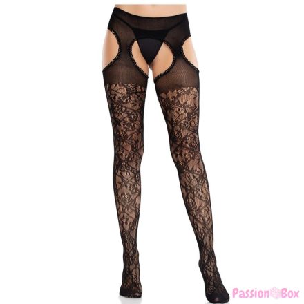 LEG AVENUE - FLORAL LACE STOCKINGS WITH GARTERS UNITED BLACK