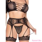 LEG AVENUE - 89359 TOP + THONG + GARTER BELT SET BLACK - ONE SIZE
