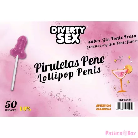DIABLO GOLOSO - 50 PENIS LOLLIPOPS GIN TONIC STRAWBERRY FLAVOR 10% ALCOHOL